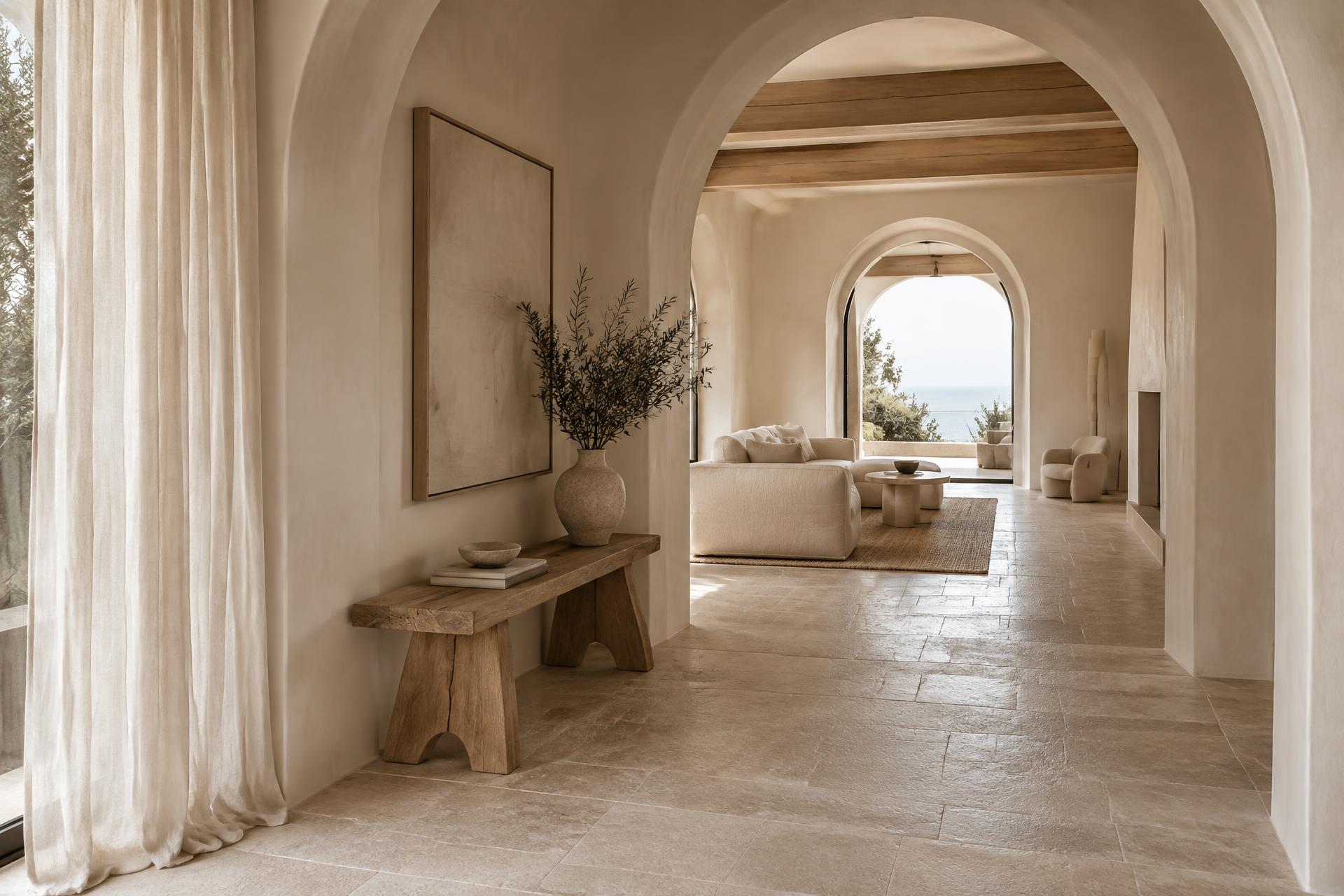 Arched Mediterranean interior in warm ivory plaster with travertine floors